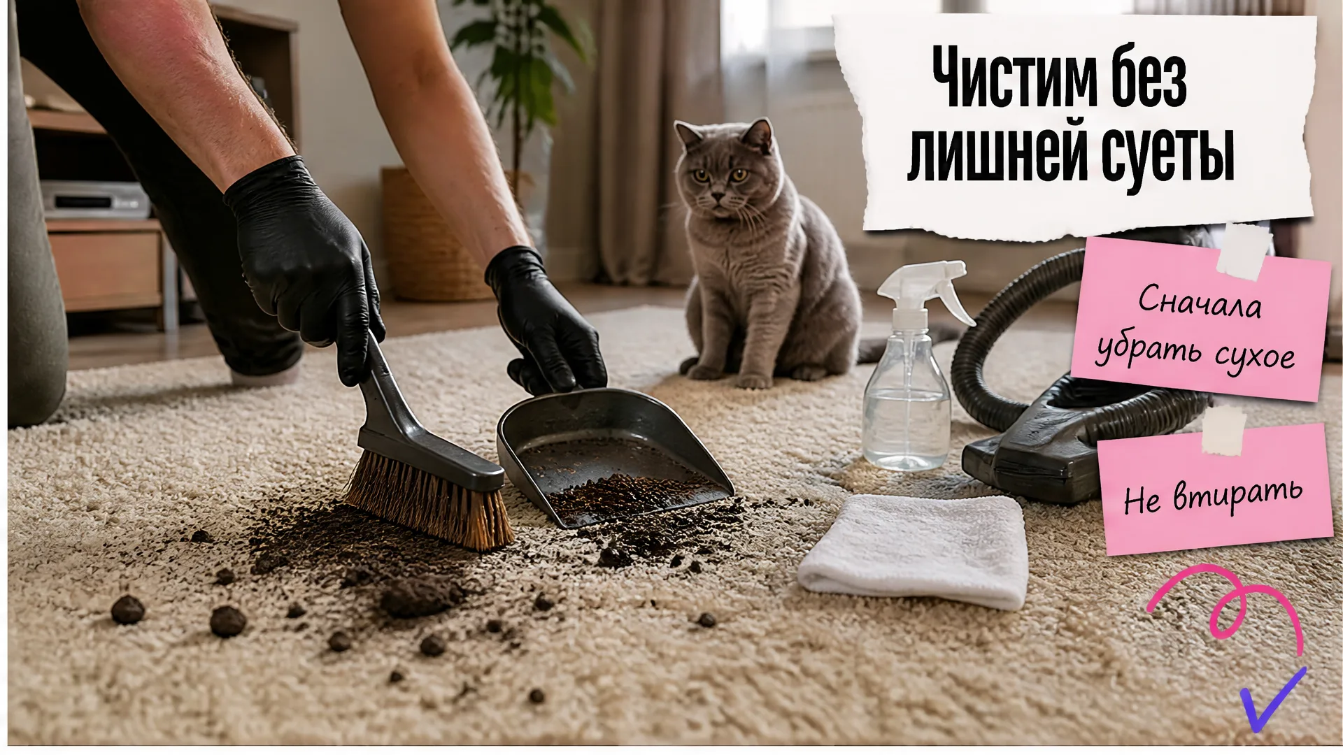 Руки в перчатках очищают ковёр от сухой земли щёткой и совком под наблюдением кота