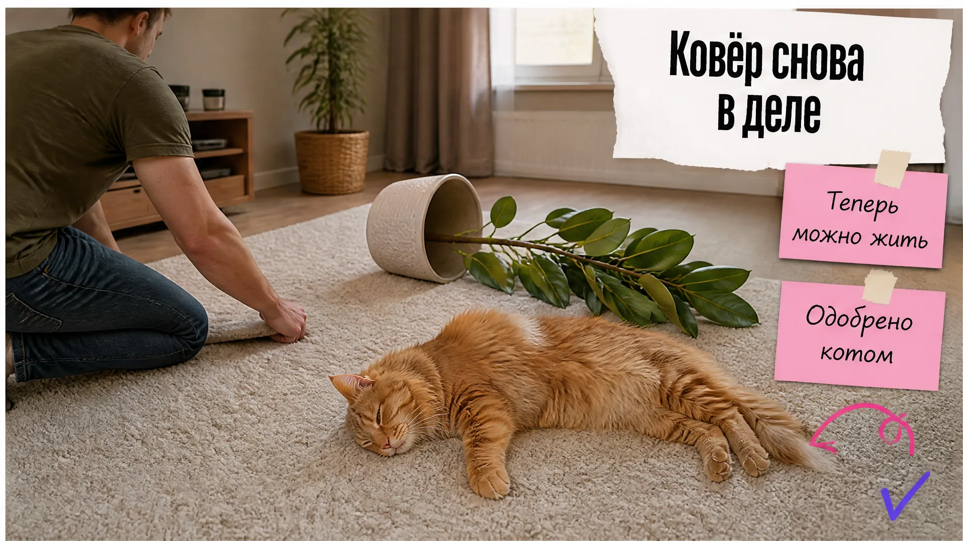 Чистый ковёр с фикусом, хозяин поправляет край, довольный мейн-кун лежит рядом