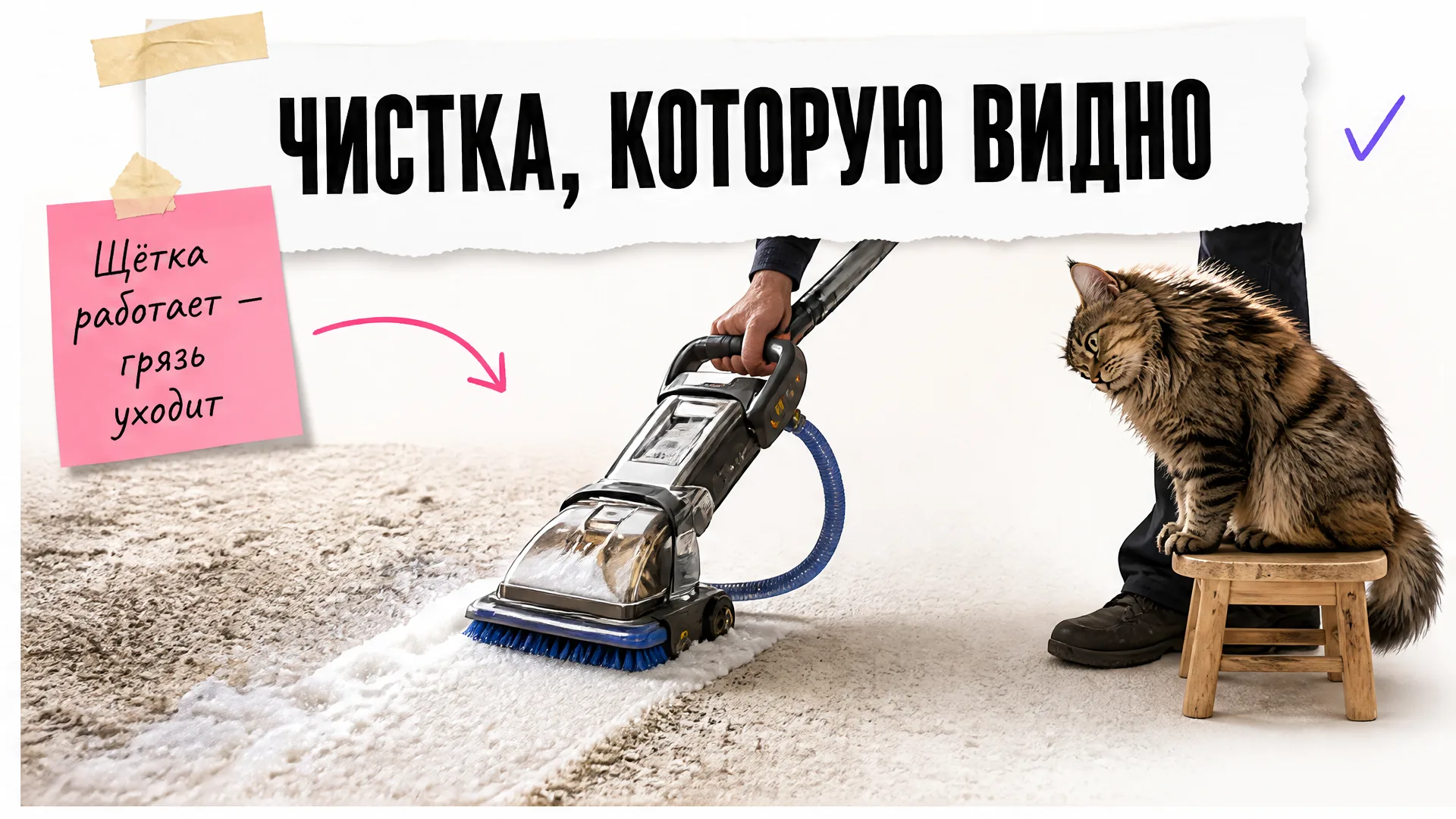 Моющая машина чистит ковёр, кот сосредоточенно наблюдает за процессом