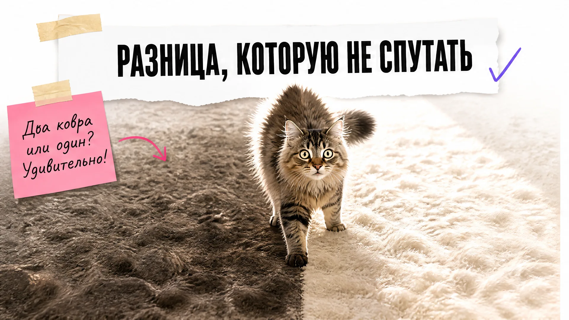 Ковёр наполовину чистый и пушистый, наполовину грязный и свалявшийся, кот удивлён разницей