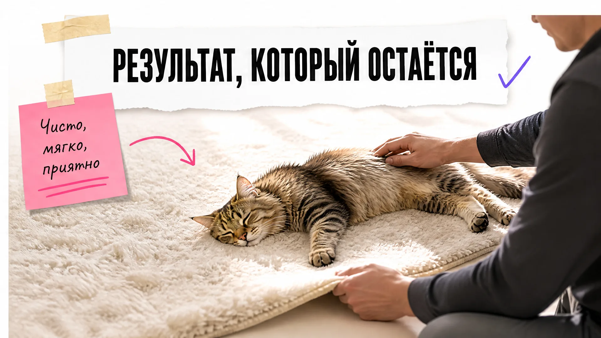 Довольный кот лежит на чистом пушистом ковре, хозяин со спины гладит его