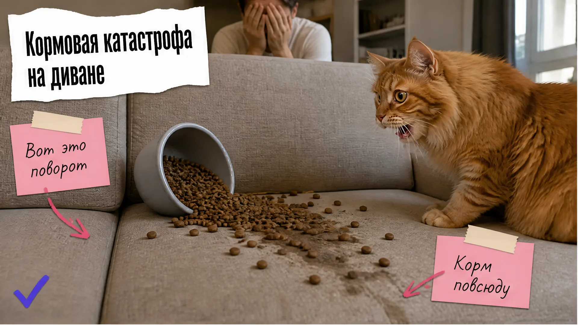 Миска с кормом опрокинулась на диван, рыжий кот наблюдает за последствиями.