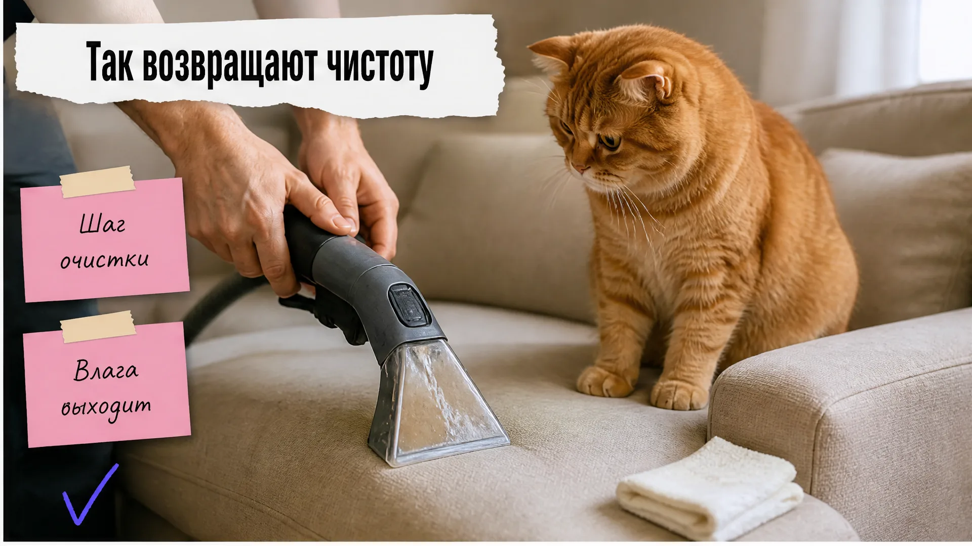 Руки мастера очищают диван экстрактором, рыжий кот наблюдает
