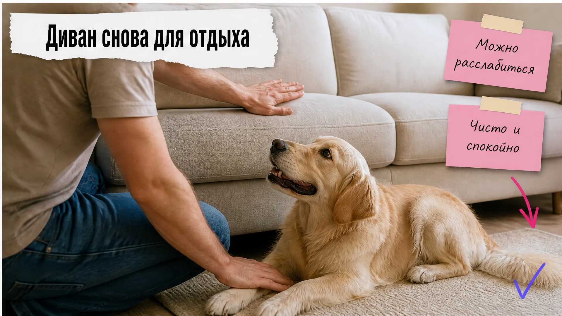 Хозяин гладит чистый диван со спины, рядом довольный золотистый ретривер