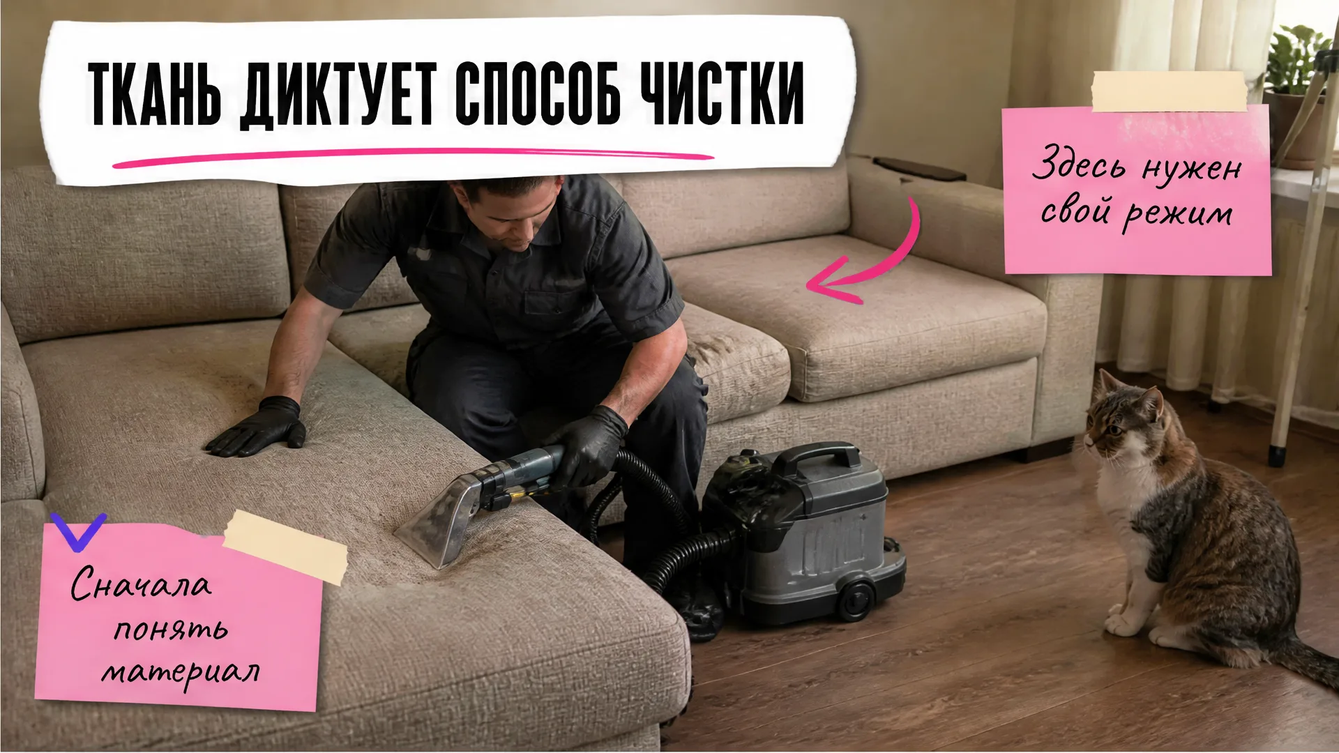 Мастер проверяет обивку дивана перед чисткой, рядом лежит насадка экстрактора.