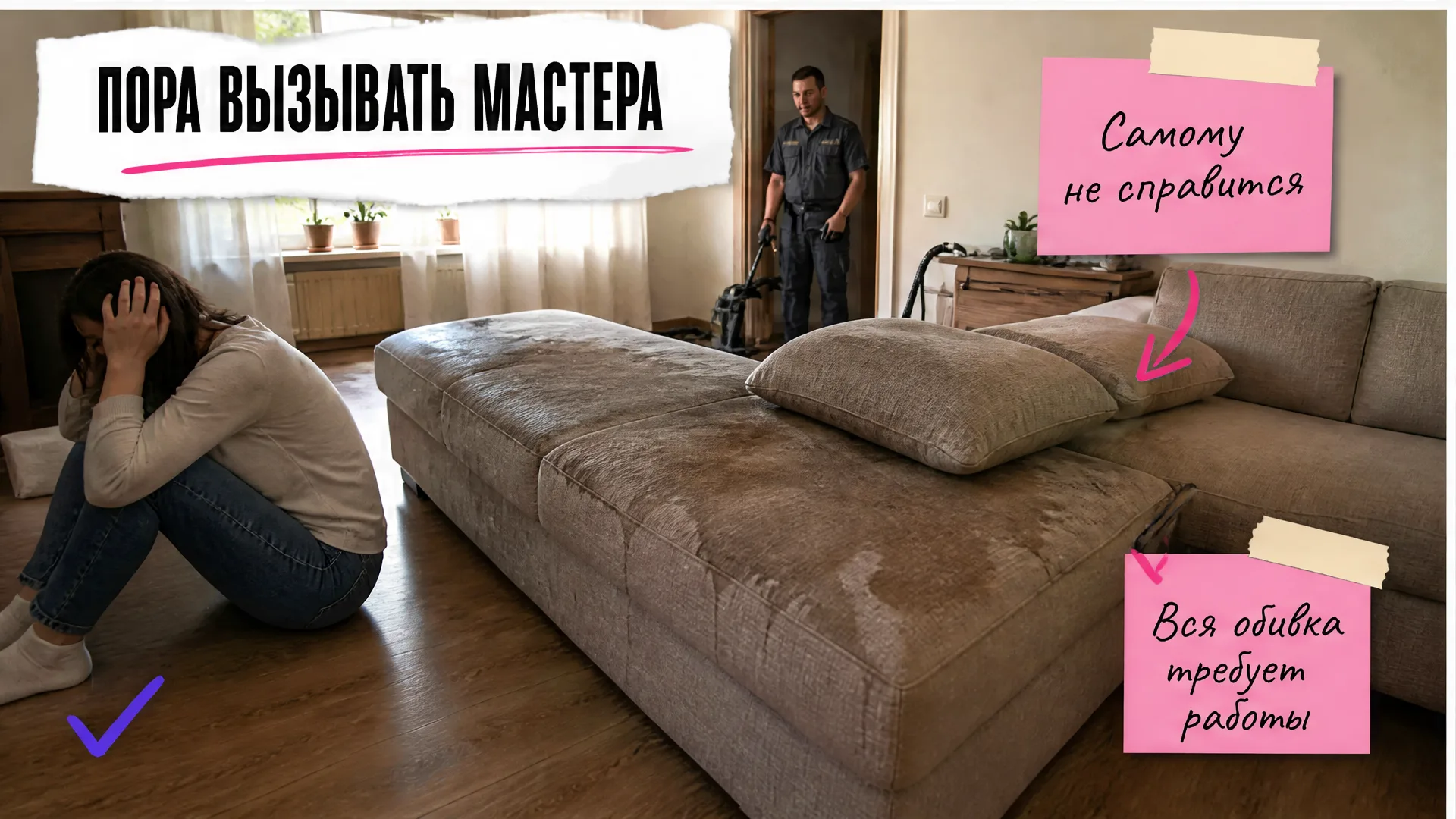 Человек держится за голову у дивана, мастер с экстрактором стоит в дверном проёме.