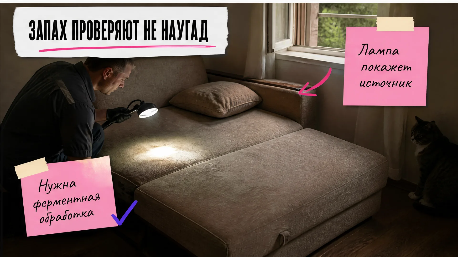 Мастер проверяет обивку лампой, рядом диван-кровать и открытое окно.