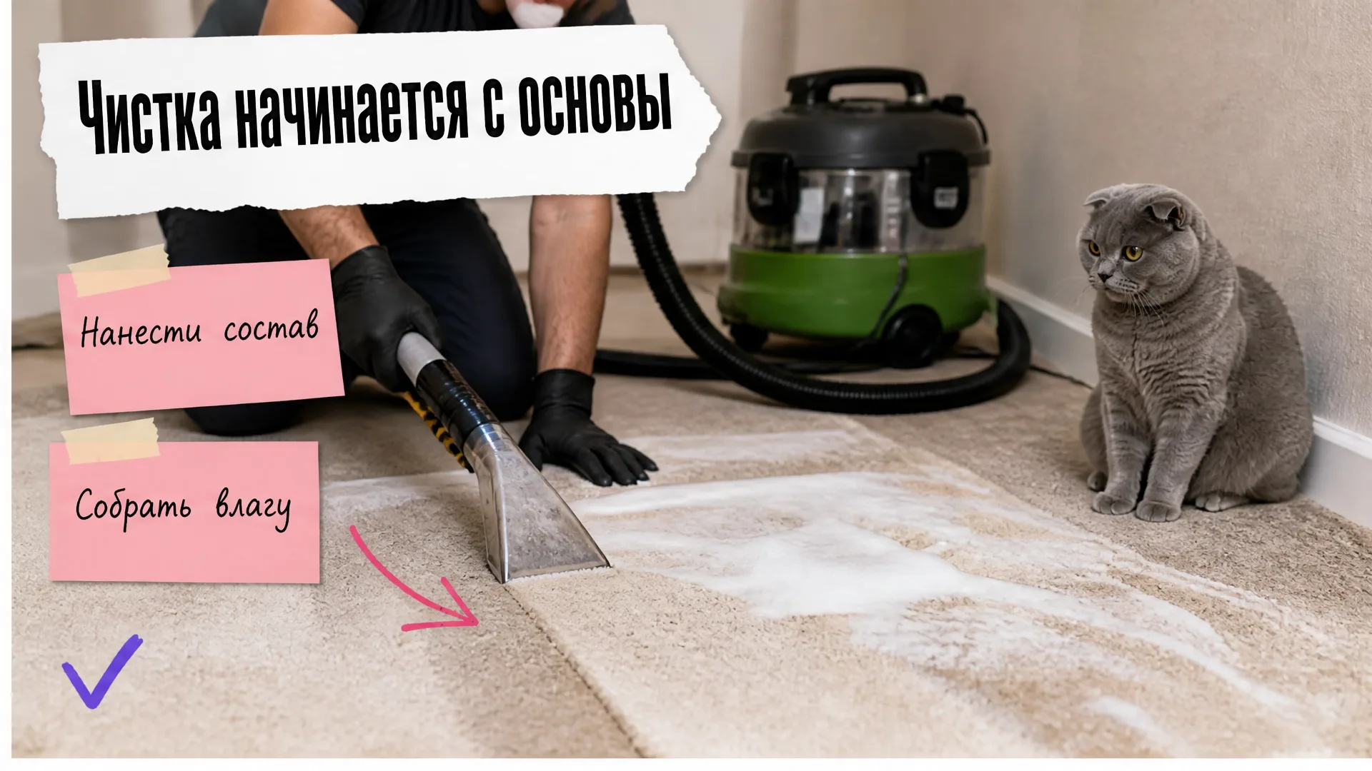 Руки специалиста очищают ковёр насадкой, рядом работает экстрактор, кошка наблюдает