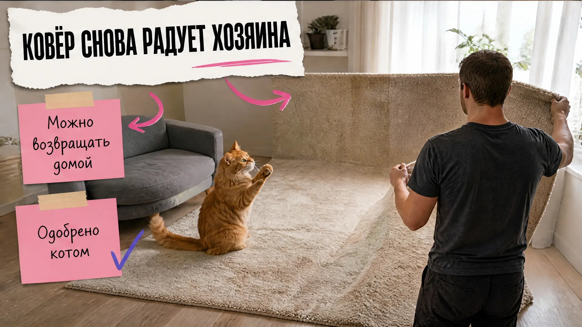 Хозяин со спины держит чистый ковёр, рыжий мейн-кун поднимает лапу