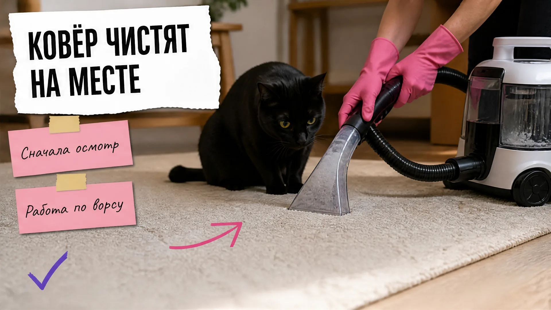Руки очищают ковёр насадкой, рядом чёрный кот наблюдает за работой