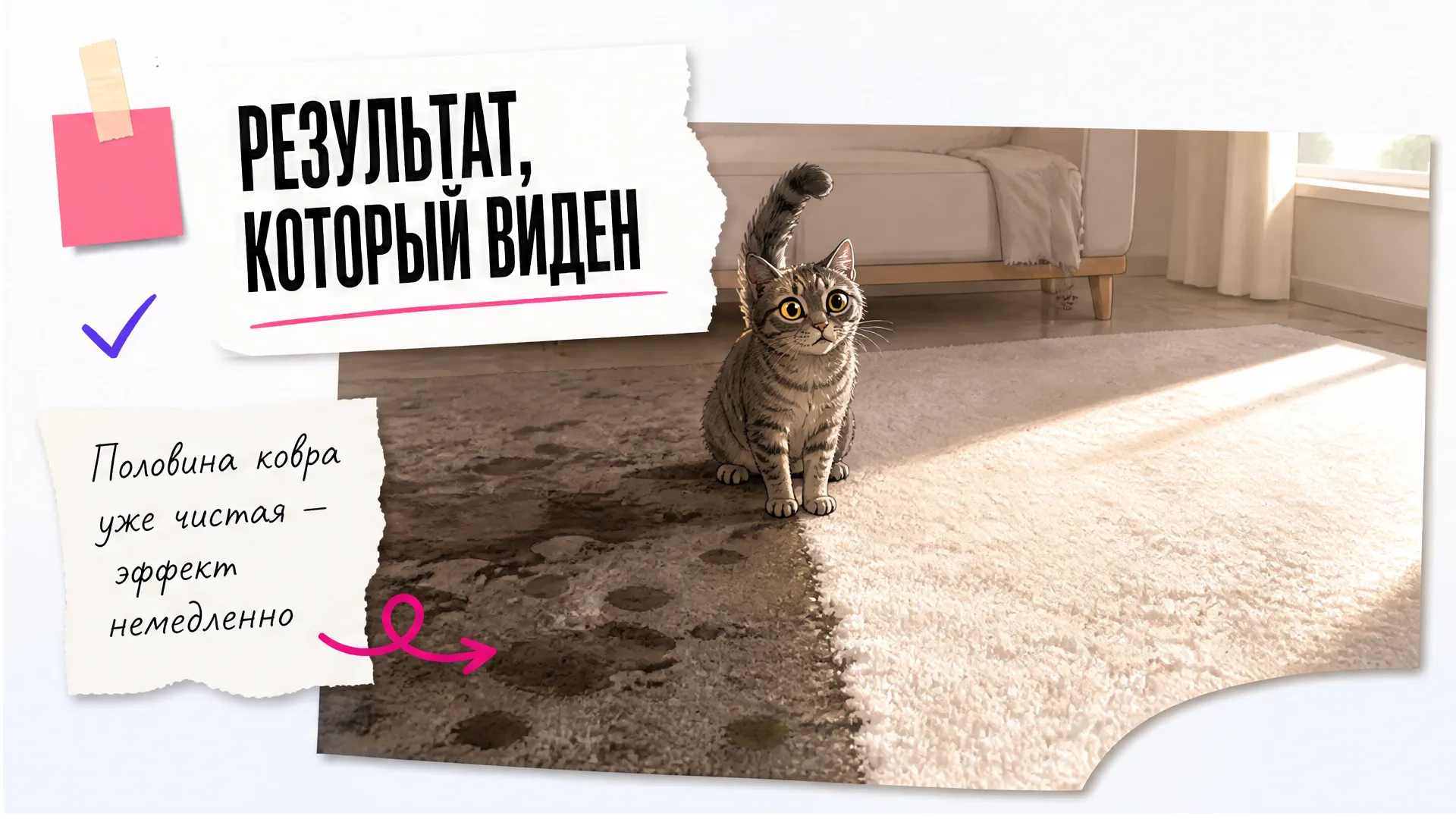 Ковёр наполовину в пятнах, наполовину чистый, кот с удивлением стоит на границе двух половин.