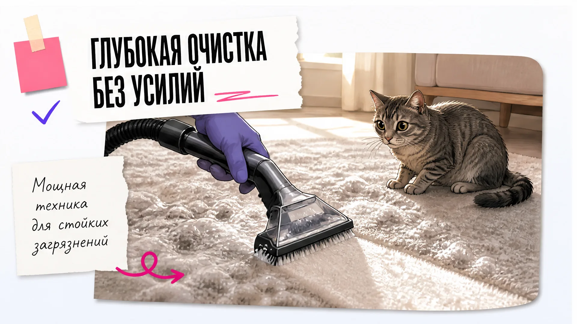 Щётка чистящего аппарата в руке проходит по ковру с пеной, рядом сосредоточенно сидит кот.