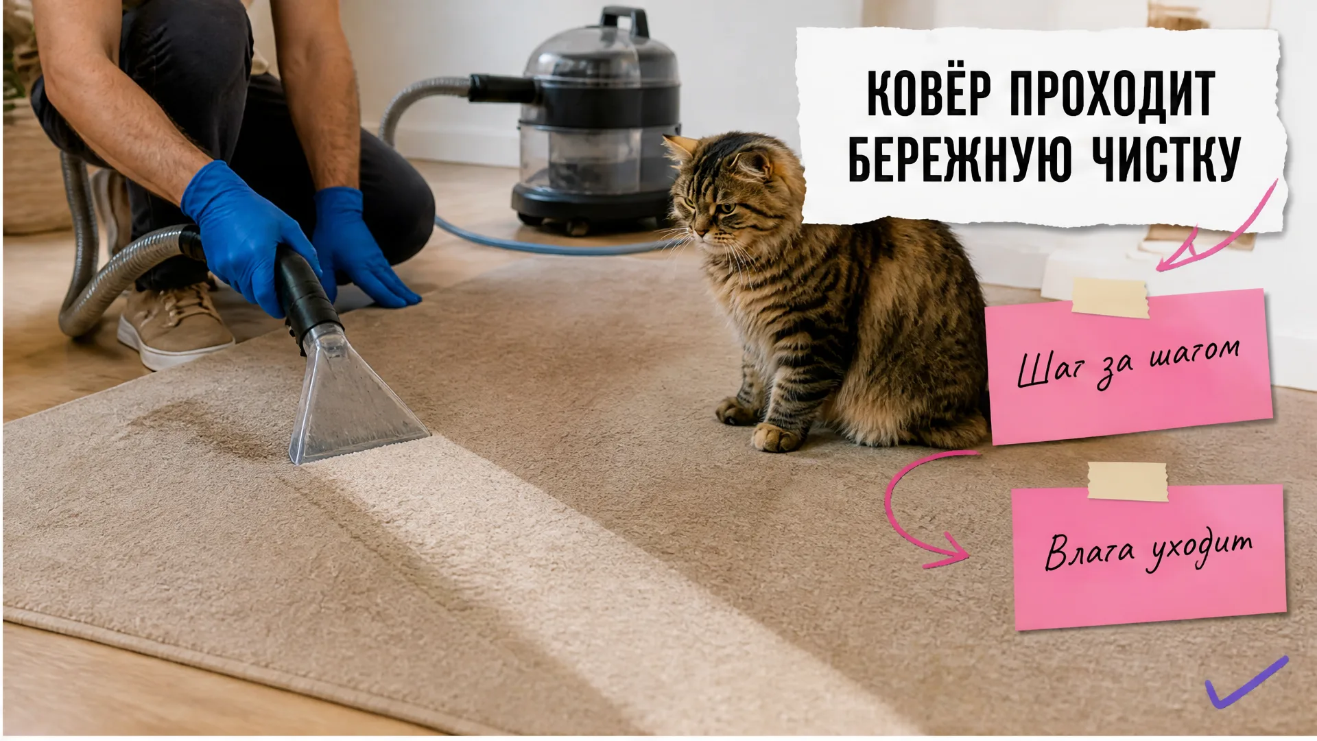 Руки специалиста очищают ковёр экстрактором, рядом внимательно сидит сибирская кошка
