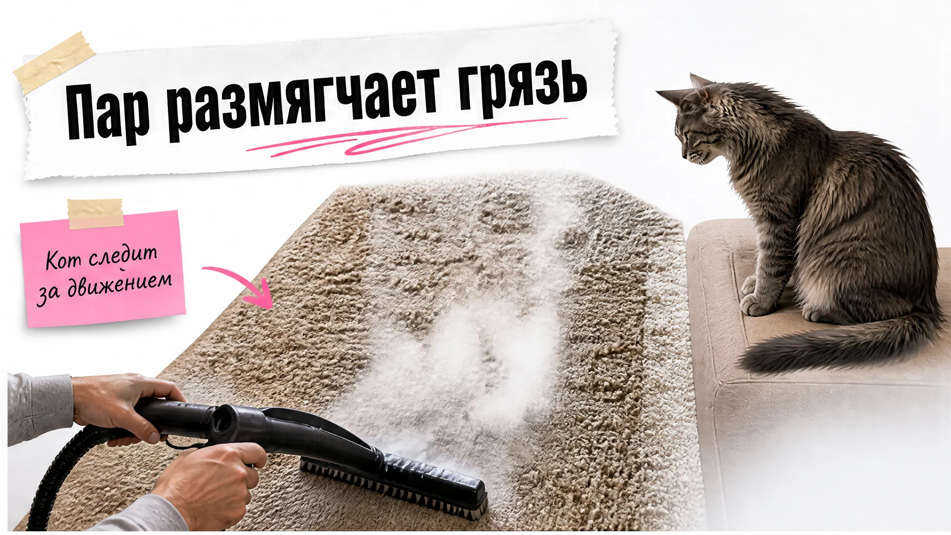 Руки со спины чистят ковёр парогенератором, кот сосредоточенно следит за щёткой