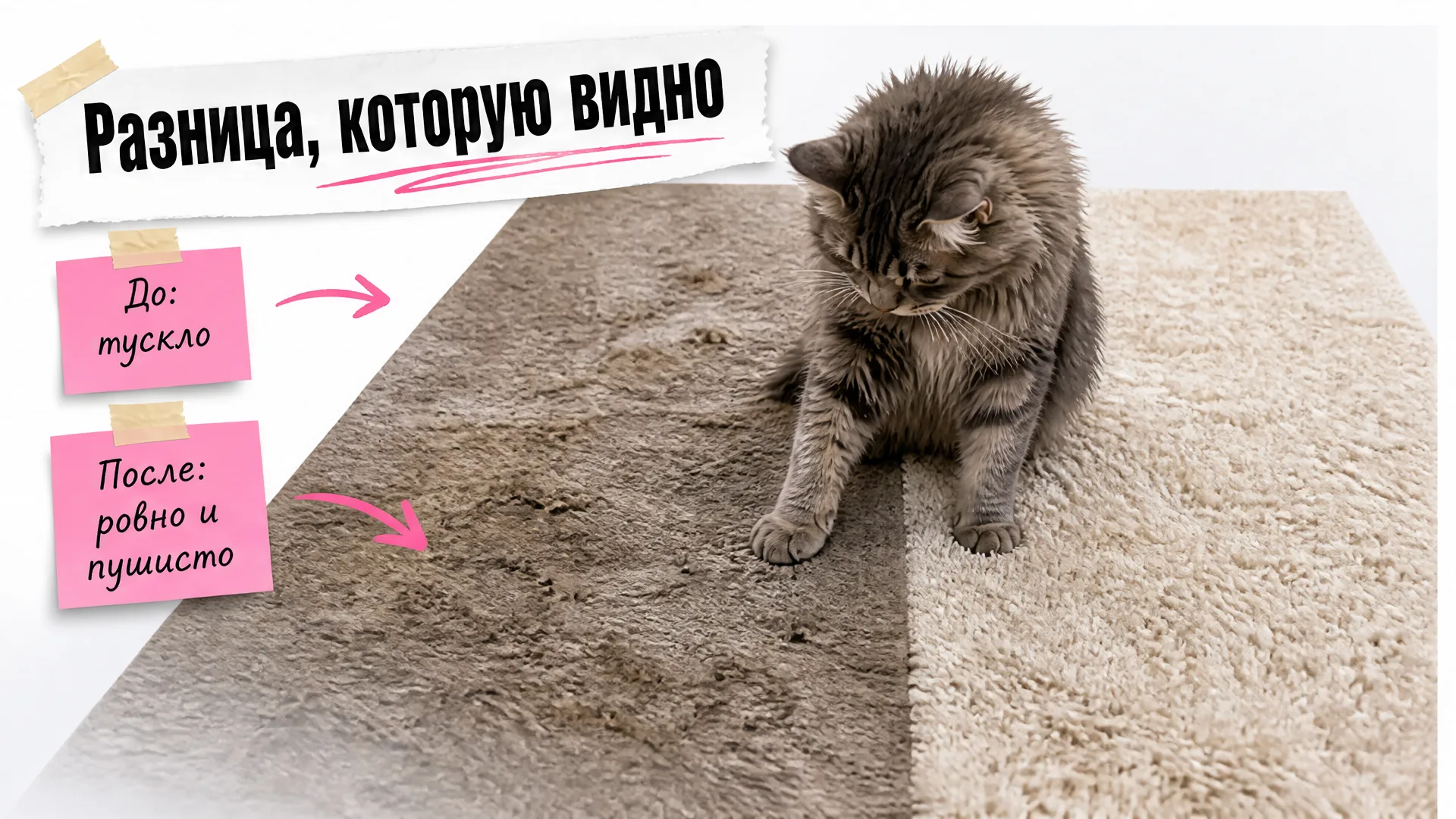 Кот на границе тусклой и пушистой половин ковра удивлённо разглядывает свою лапу
