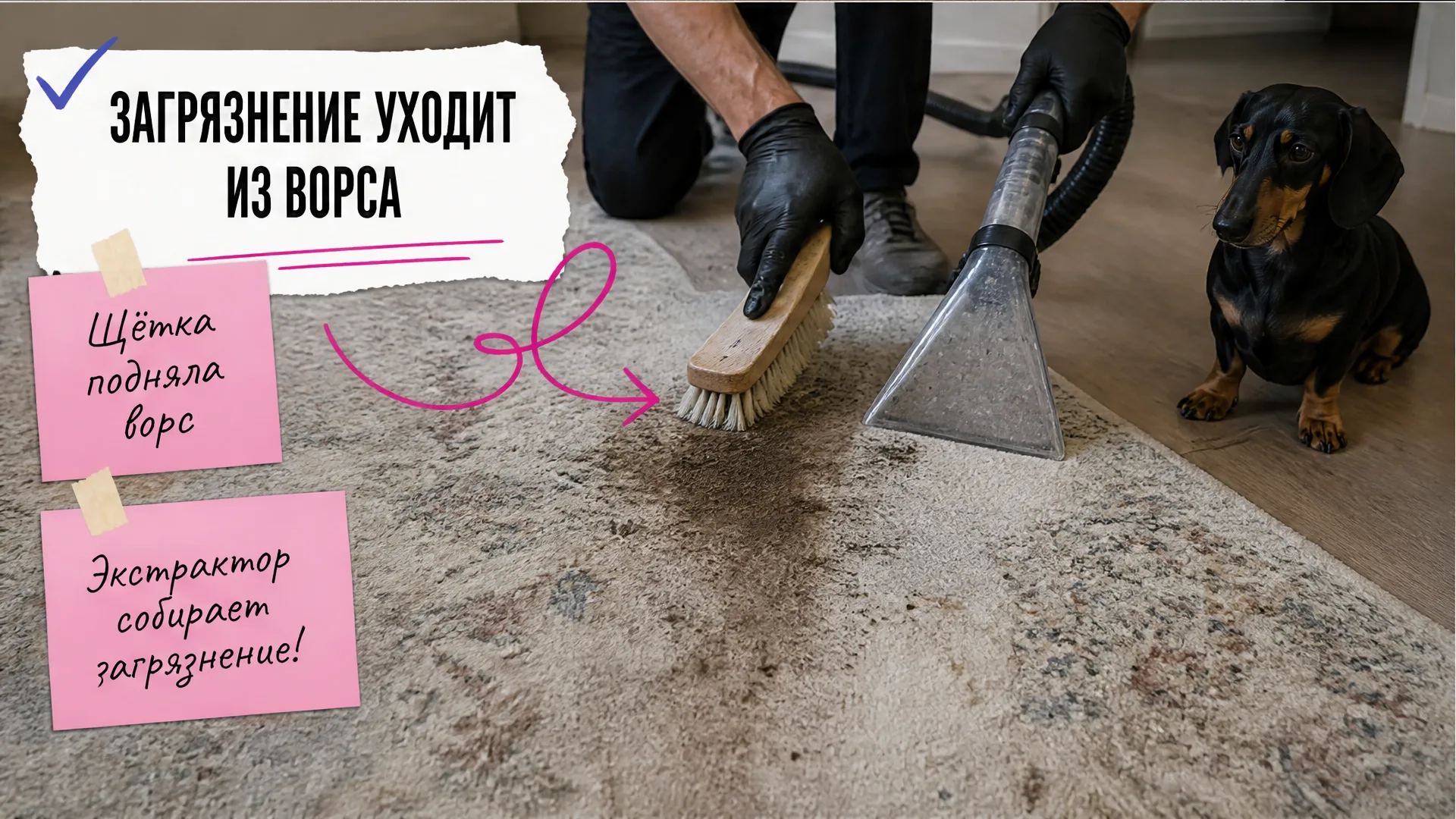 Мастер чистит ковёр щёткой и экстрактором, такса сидит рядом.