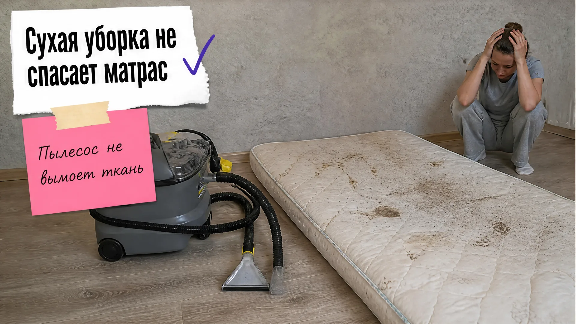 Пылесос стоит рядом с потемневшим матрасом, а человек держится за голову.