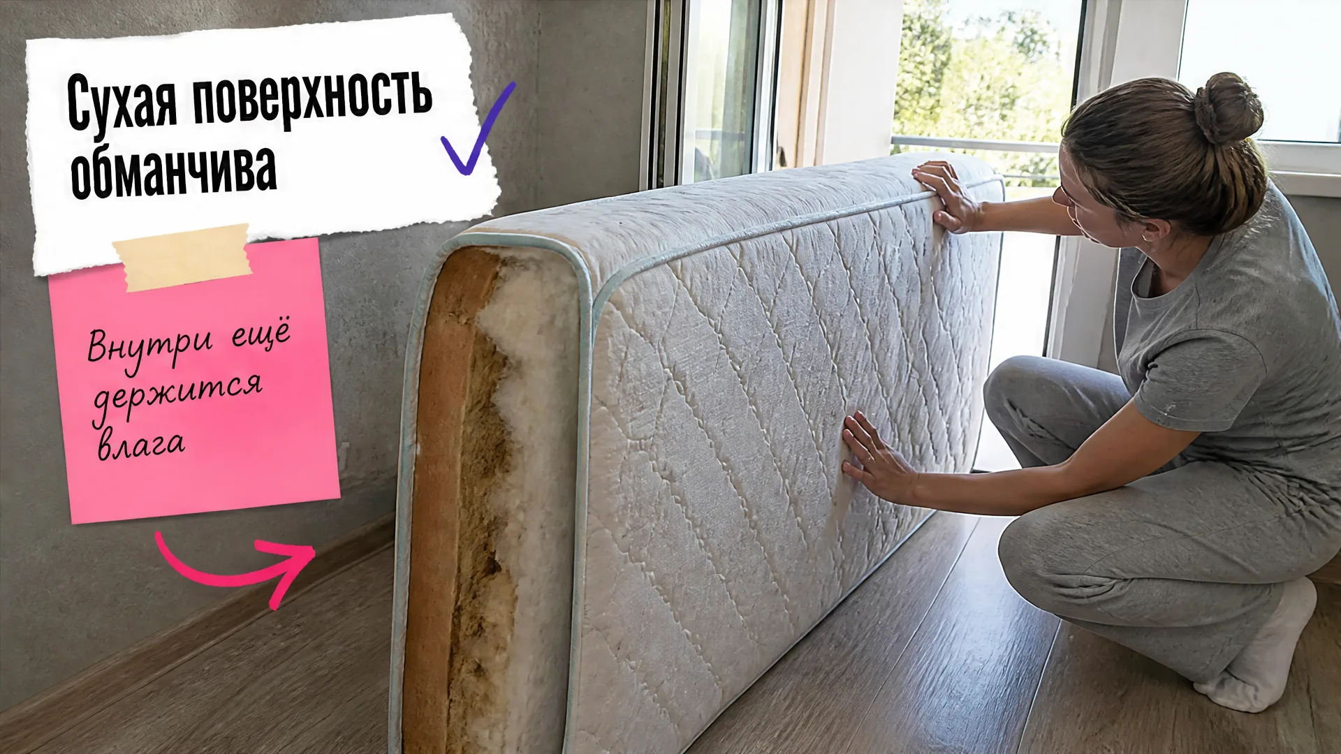 Матрас сушится у окна, но внутри наполнителя остаётся влажный слой.