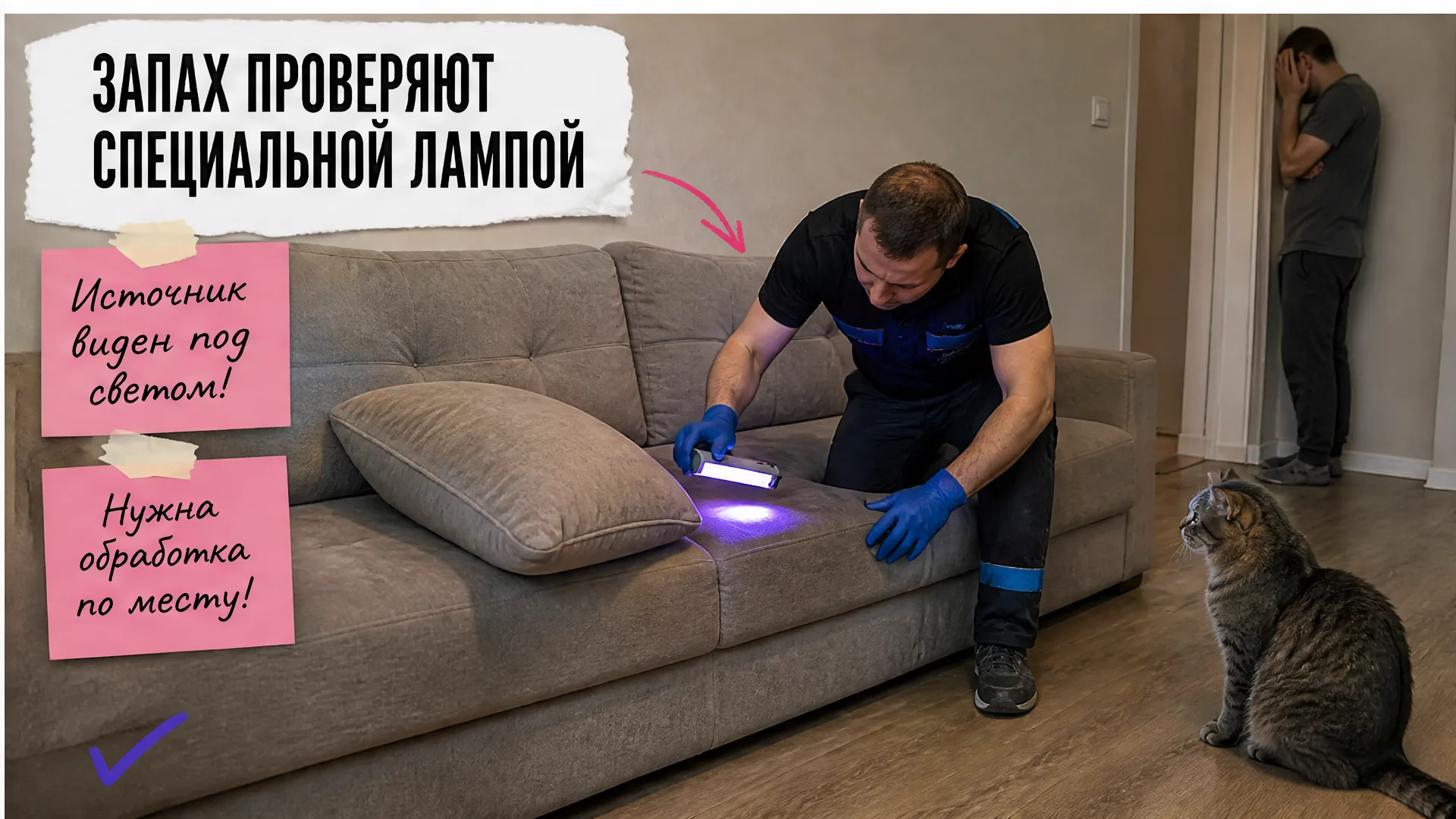 Мастер проверяет диван лампой, кот сидит рядом, человек закрывает лицо ладонью