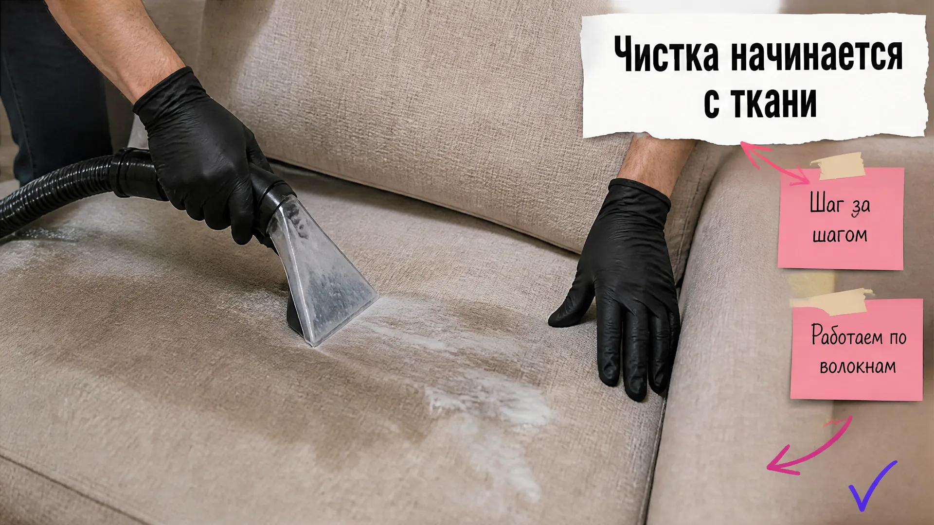 Руки специалиста очищают диван экстрактором и насадкой