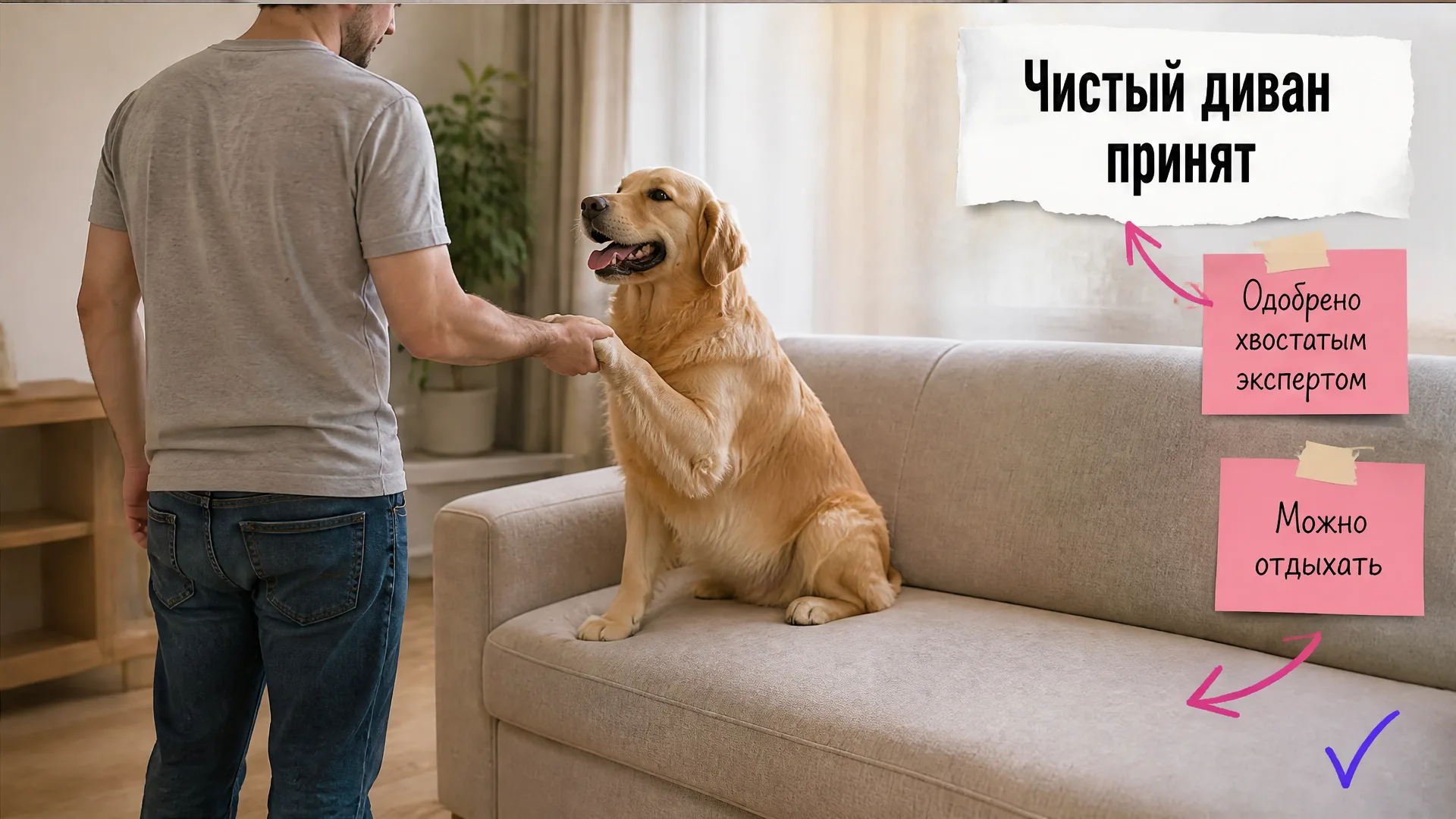 Хозяин и золотистый ретривер довольны чистым диваном