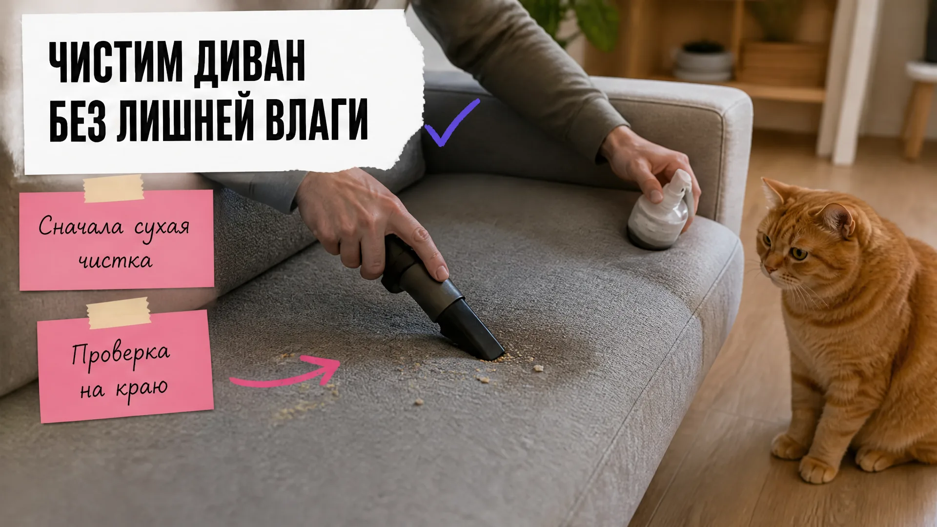 Руки пылесосят диван и проверяют средство у шва, рядом рыжий кот
