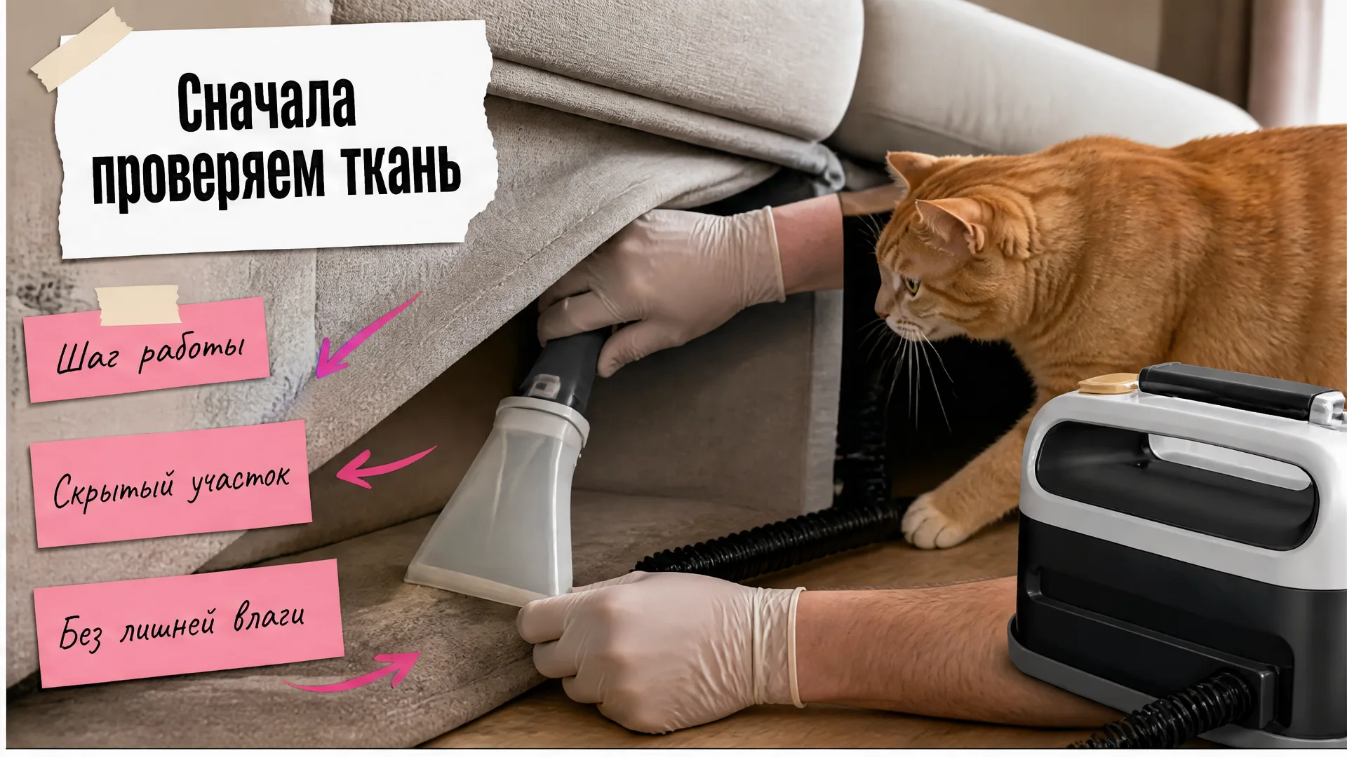 Руки проверяют средство на скрытом участке дивана, рядом работает моющий аппарат