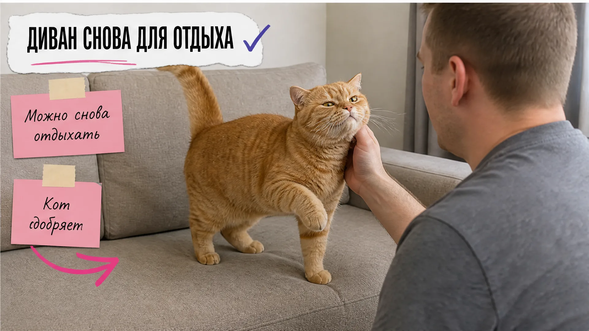 Хозяин со спины гладит довольного кота на чистом диване