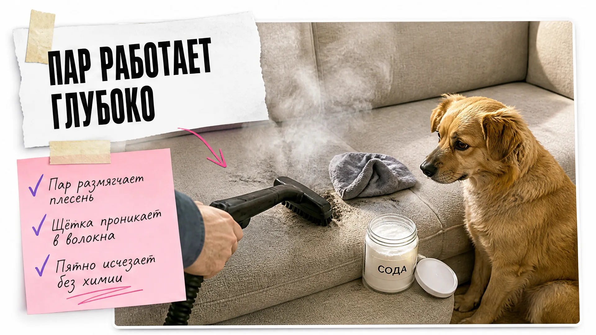 Руки чистят диван пароочистителем, пёс сосредоточенно наблюдает за процессом рядом.