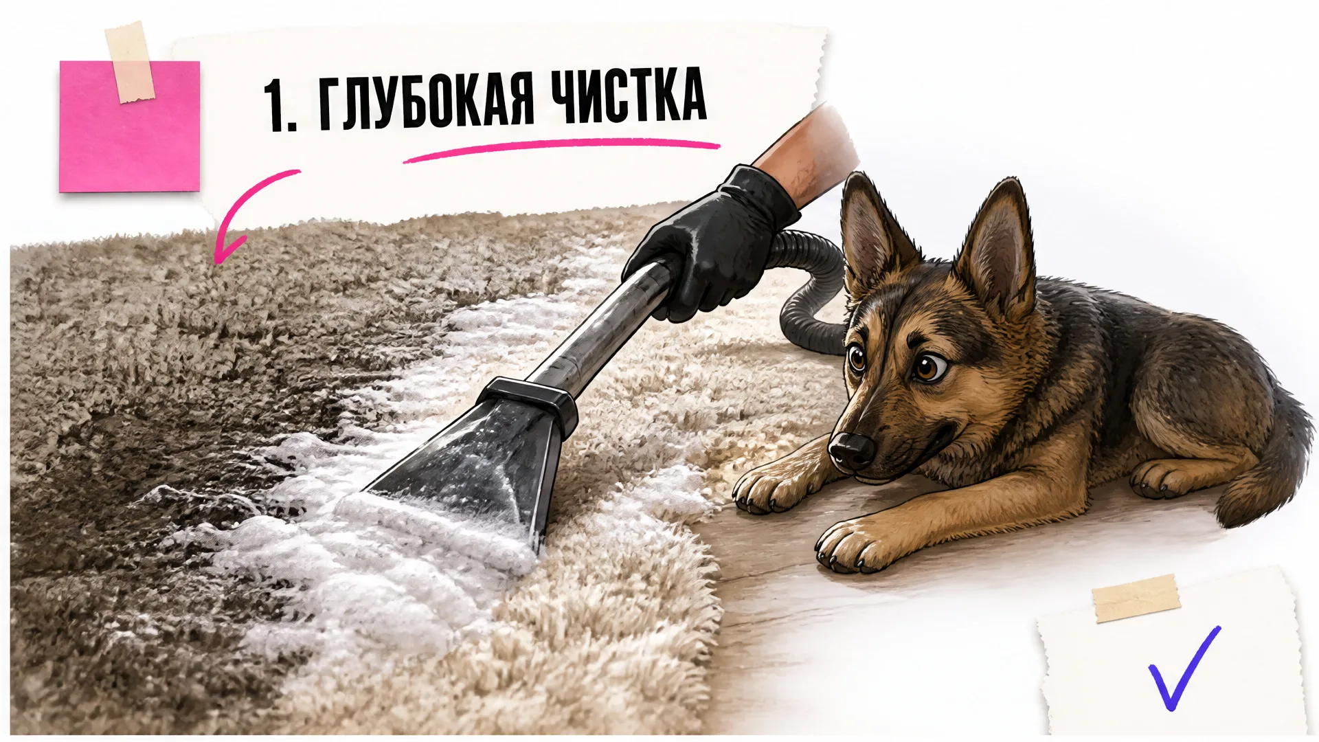 Пёс сосредоточенно наблюдает, как щётка с пеной чистит ковёр, видна только рука в перчатке