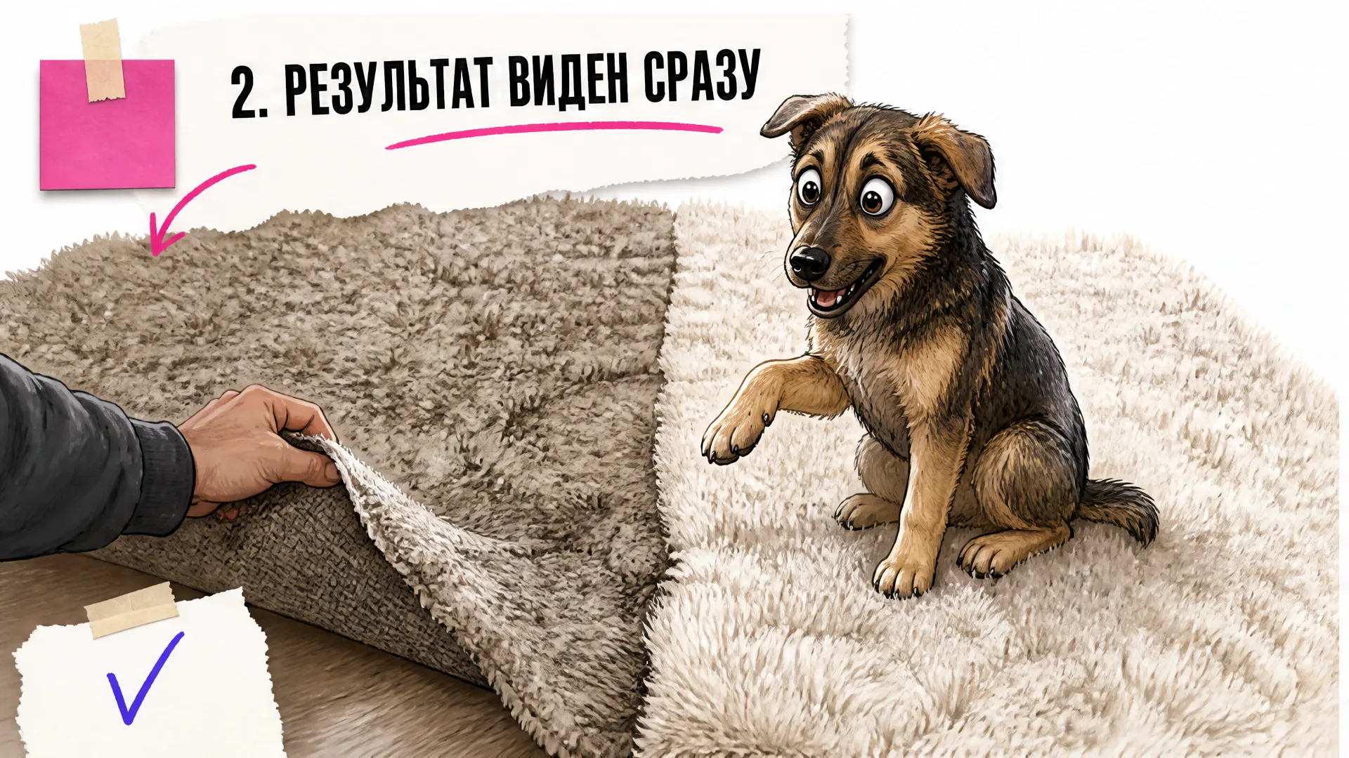 Пёс удивлённо смотрит на ковёр: одна половина свалявшаяся и тусклая, другая пушистая и светлая