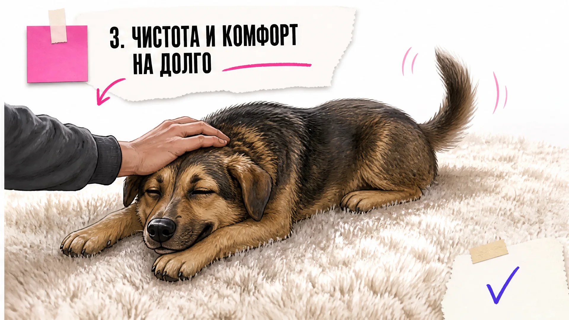 Довольный пёс лежит на чистом ковре, рука хозяина со спины гладит его по загривку