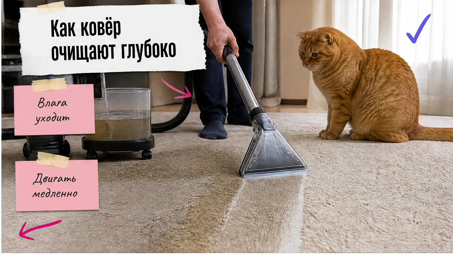Руки очищают ковёр экстрактором, рыжий кот наблюдает за процессом