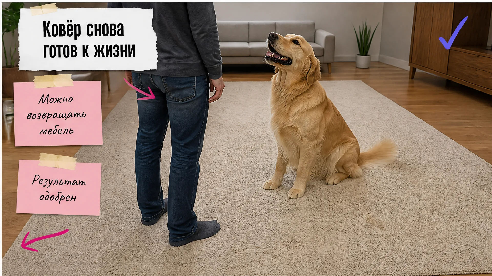 Высохший чистый ковёр, хозяин со спины и довольный золотистый ретривер