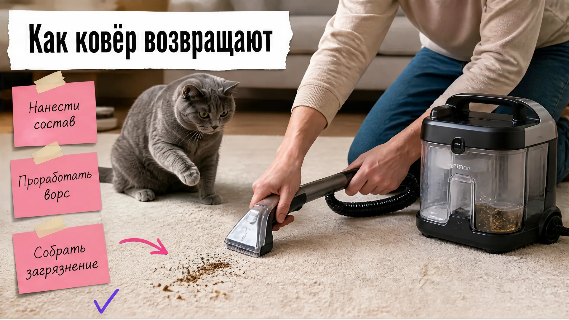 Руки работают щёткой по ковру, рядом шотландский кот наблюдает за чисткой